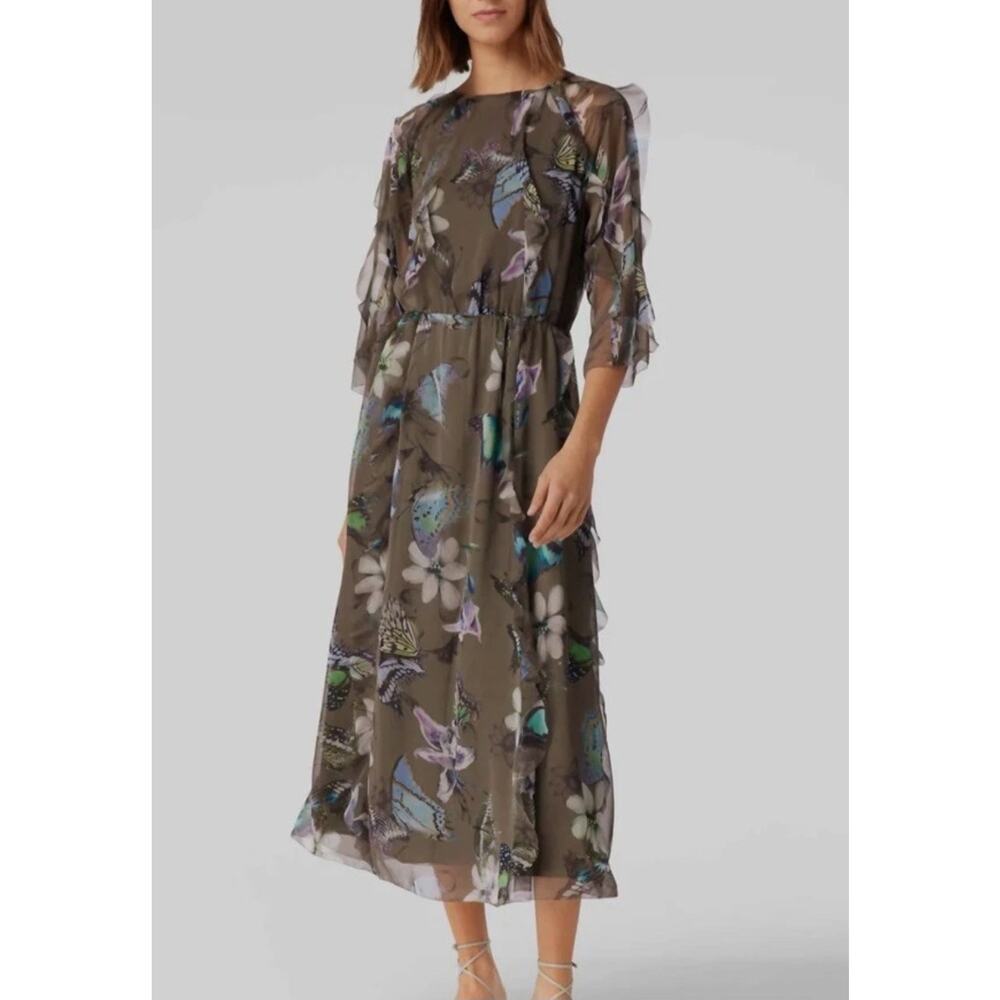 Marc Cain Women's Olive Green Butterfly Ruffle Chiffon Dress Size N-1 US Size 2